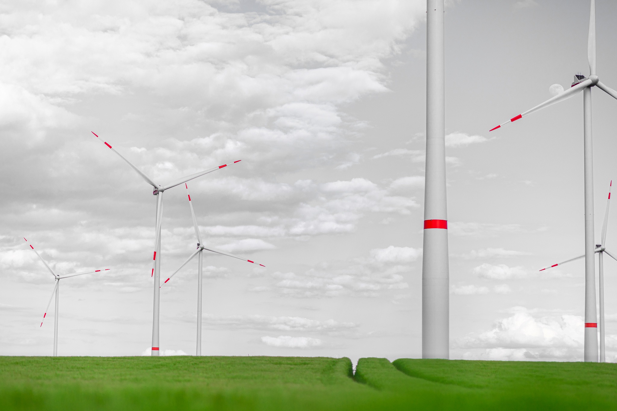 Das Bild zeigt einen Winrdpark mit mehrere Windkraftanlagen. im Vordergrund ist ein grünes Weizenfeld zu sehen.